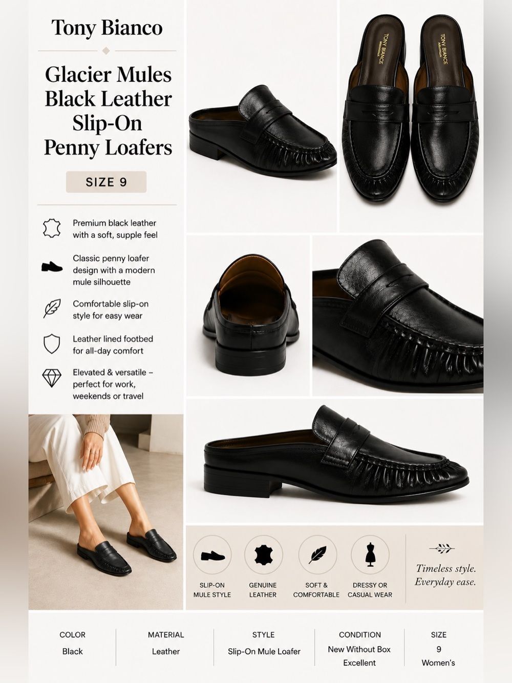 Tony Bianco Glacier Mules Black Leather Slip-On Penny Loafers Size 9